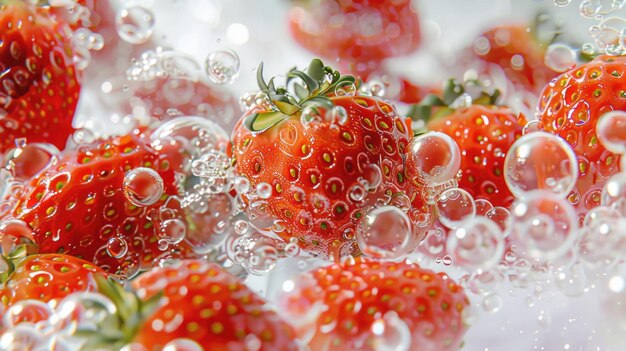 Fresas sumergidas en agua con burbujas Fotografía de comida de primer plano