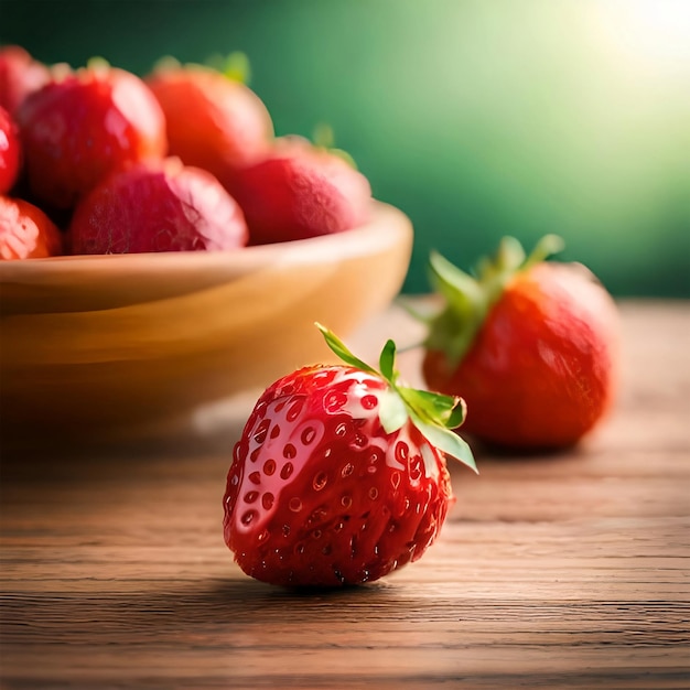 Fresas en tazón de madera Fresas frescas y agradables en la mesa de madera