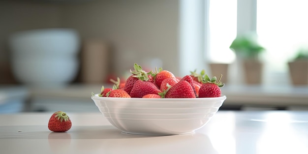 Fresas en un tazón en la mesa de la cocina