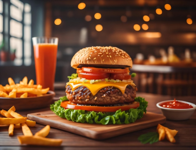 La fresca y deliciosa hamburguesa doble con queso y patatas fritas en una mesa del restaurante