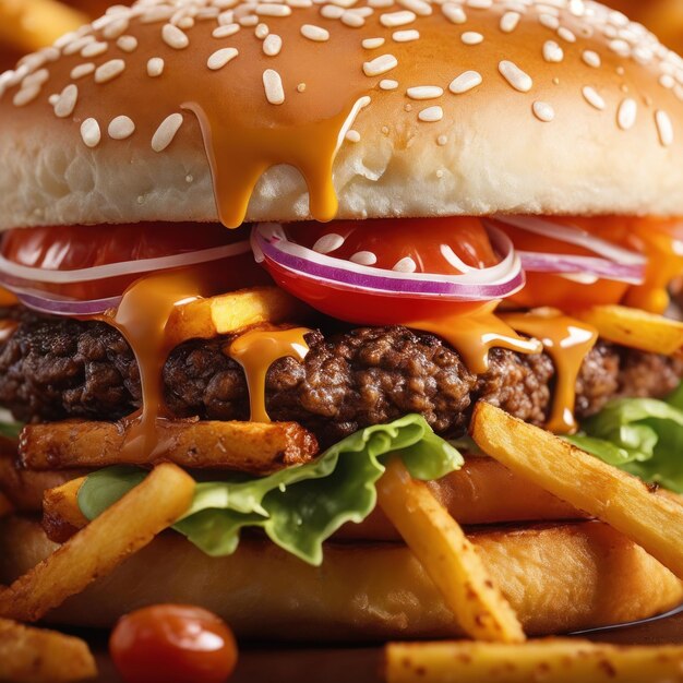 Foto la fresca y deliciosa hamburguesa doble con queso y patatas fritas en una mesa del restaurante