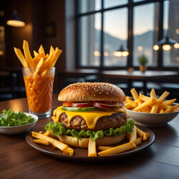 Foto la fresca y deliciosa hamburguesa con queso grande con ensalada y papas fritas en la mesa del restaurante