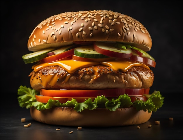 La fresca y deliciosa hamburguesa con queso de ternera sobre un fondo negro oscuro