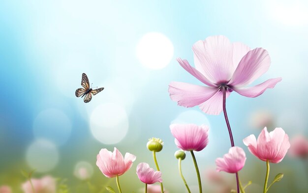 Fresca mañana de primavera en la naturaleza y mariposas revoloteando en un fondo verde suave IA generativa