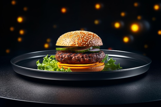 Fresca y sabrosa hamburguesa casera en un plato negro