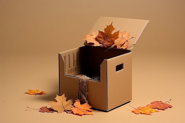 Frescas vibraciones de otoño desempaquetando una caja de cartón marrón plegada