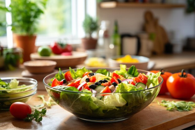 Fresco y colorido Un plato de ensaladas delicias en la mesa de la cocina