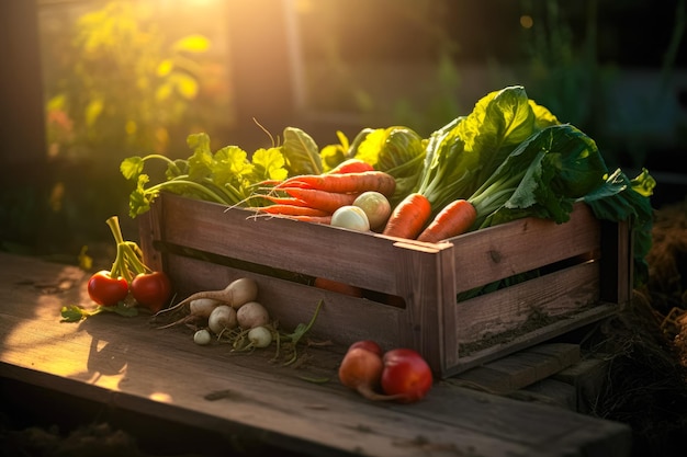 Fresco cultivado por la naturaleza Una caja llena de verduras frescas de la granja Ai generativa