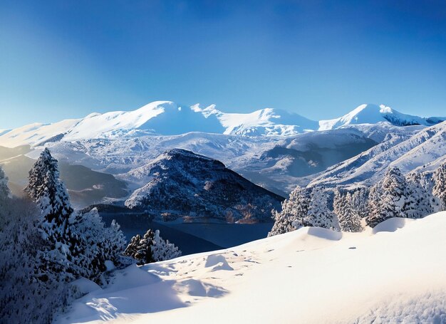 Un fresco día de invierno con un paisaje montañoso cubierto de nieve