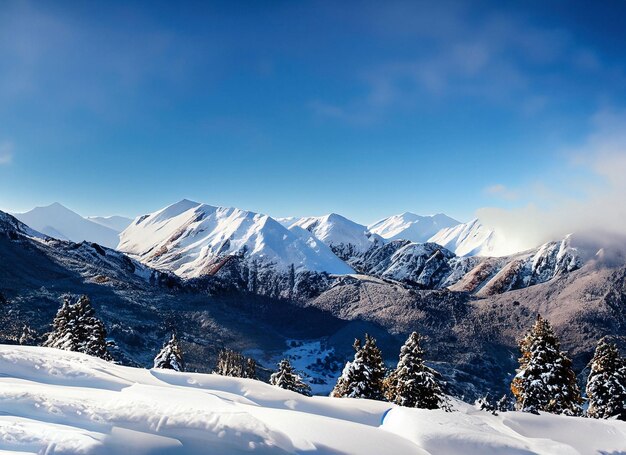 Un fresco día de invierno con un paisaje montañoso cubierto de nieve