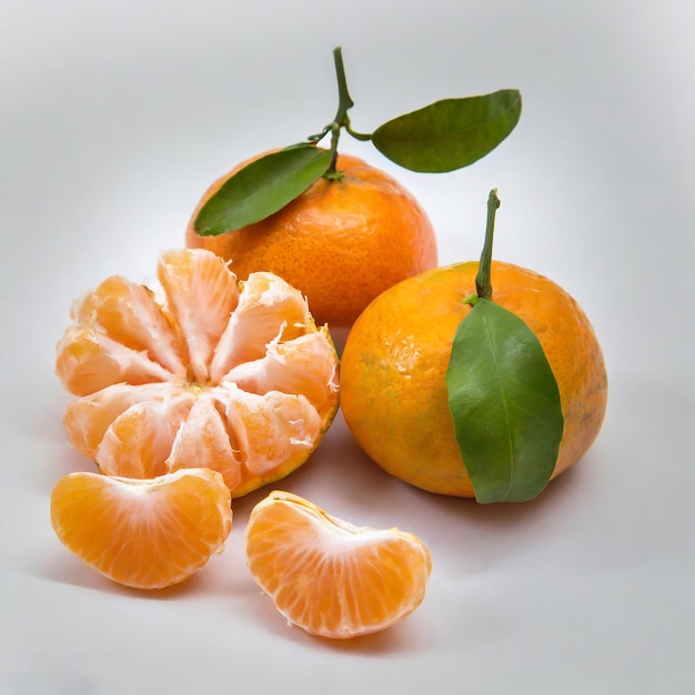 Fresco em fatias e laranja suculenta madura em fundo branco