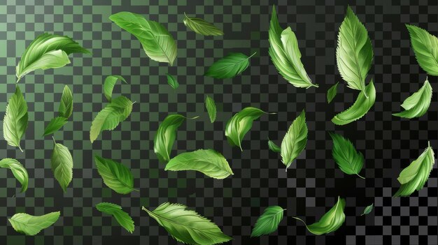 El fresco follaje de verano o primavera de té o menta sobre un fondo transparente que cae y vuela en el aire ilustración realista moderna con hojas de menta verde