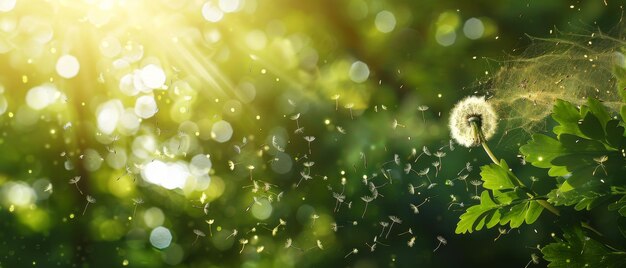 Un fresco fondo verde de la mañana con semillas de diente de león soplando en la luz del sol