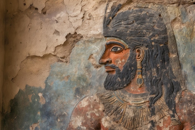 Fresco mural sumerio rostro de un rey pintado en yeso agrietado en Oriente Medio Arte dañado de la antigua civilización babilónica y asiria en Mesopotamia historia de Irak cultura babilónica IA generativa