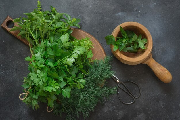 Fresco paquete de hierbas frescas. Albahaca, menta, orégano a la oscuridad. Hierbas de cocina.