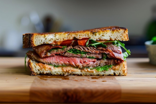 Fresco y sabroso sándwich de carne asada con ensalada y tomates en una mesa de café de maderaMacroAI Generative