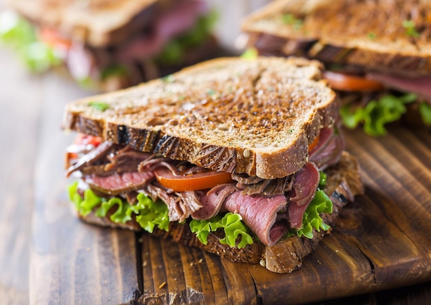 Fresco y sabroso sándwich de carne asada con ensalada y tomates en una mesa de café de maderaMacroAI Generative