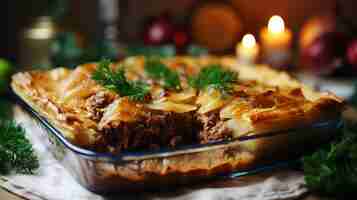 Foto fresco y salado tourtiere tradicional francés pastel de carne canadiense en fondo blanco de la cocina