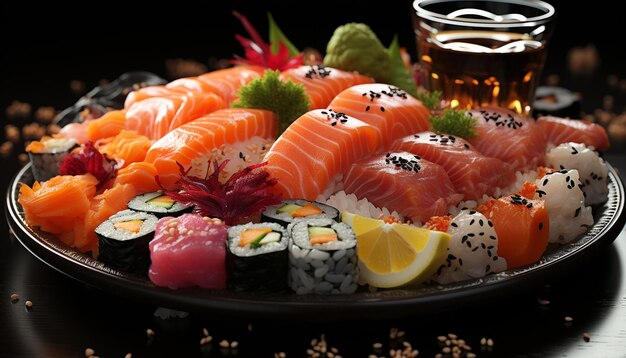 Foto frescor e culturas em um prato de sashimi e maki sushi gerados por inteligência artificial