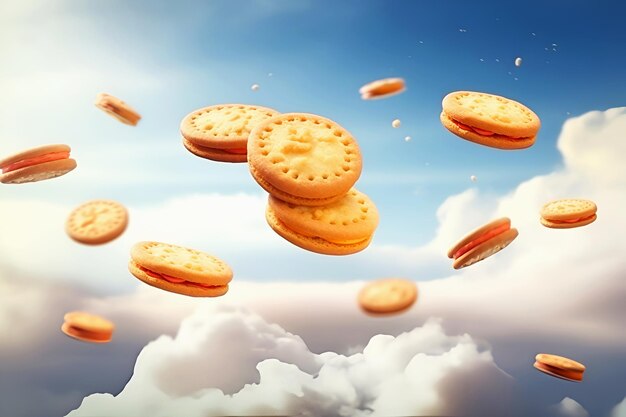 Frescos deliciosos biscoitos crocantes levitam no céu entre as nuvens sonhos doces IA generativa