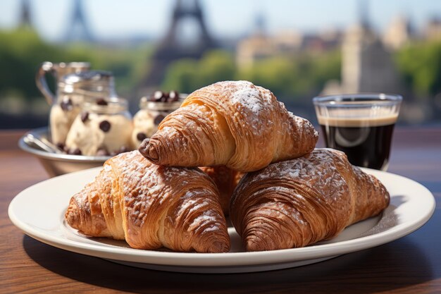 Frescos e deliciosos croissants franceses em uma romântica sobremesa parisiense com vista desfocada da Torre Eiffel