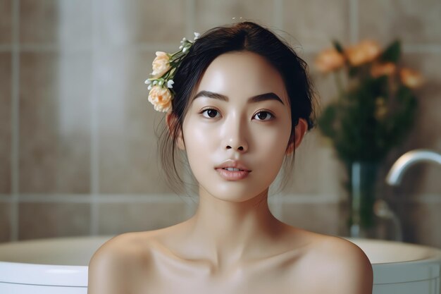 Frescura atractiva mujer asiática cara limpia agua dulce con cuidado mirar al espejo en el baño de casa