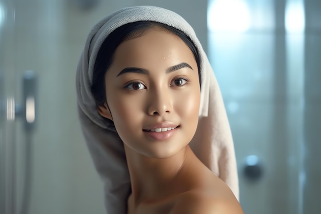 Frescura atraente mulher asiática rosto limpo água fresca com cuidado olhar para o espelho no banheiro em casa