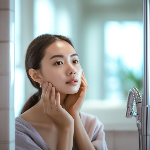 Frescura atraente mulher asiática rosto limpo água fresca com cuidado olhar para o espelho no banheiro em casa