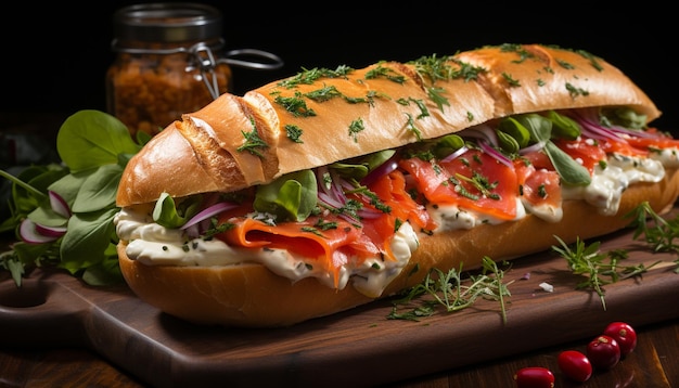 Foto frescura y carne a la brasa en pan ciabatta generado por ia