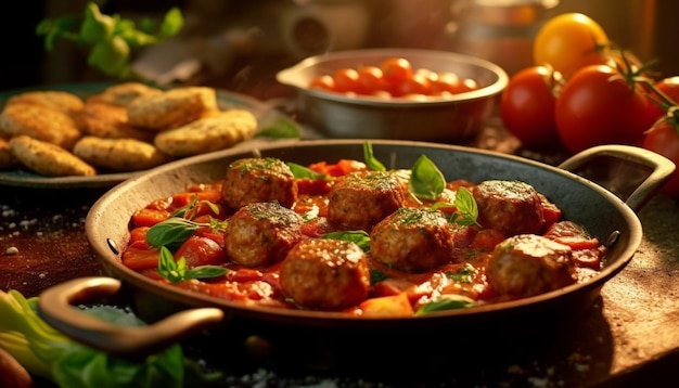 Frescura de carne y verduras a la parrilla en una mesa de madera rústica generada por inteligencia artificial