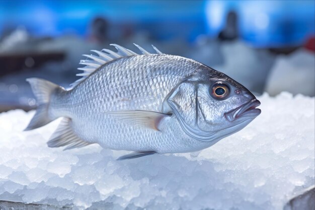 Foto frescura congelada sparus aurata no gelo no estande de frutos do mar