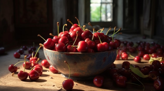 Frescura de frutas maduras em uma mesa de madeira uma sobremesa de verão gerada por inteligência artificial