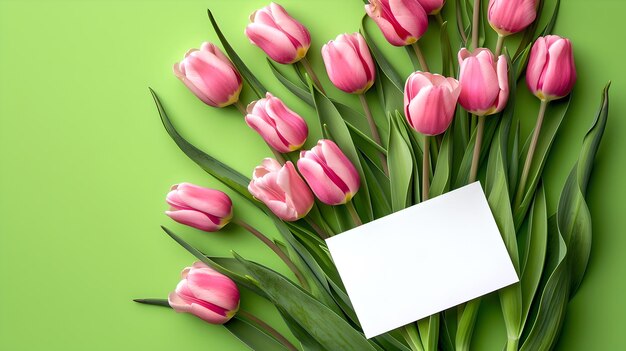 Frescura de primavera com tulipas cor-de-rosa e cartão em branco vista superior ideal para convites e anúncios arranjo floral elegante em AI verde