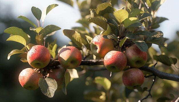 La frescura y la dulzura de las manzanas maduras en un hermoso huerto generado por la inteligencia artificial