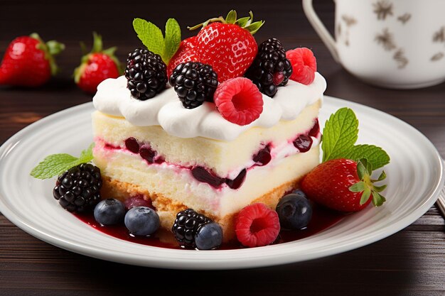 Frescura y dulzura en un plato de bayas, frutas y crema.