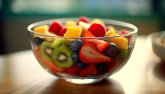 Foto frescura e doçura em uma tigela de salada de frutas gerada pela ia