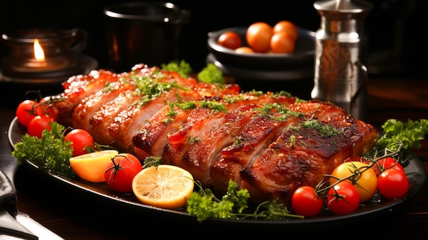 Frescura e refeição gourmet carne de porco grelhada num prato com bacon