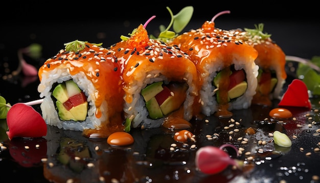 Frescura em um prato gourmet frutos do mar maki sushi abacate sashimi gerado por inteligência artificial