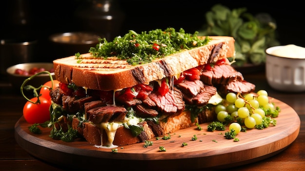 Frescura em uma mesa de madeira salada saudável de sanduíche de carne grelhada