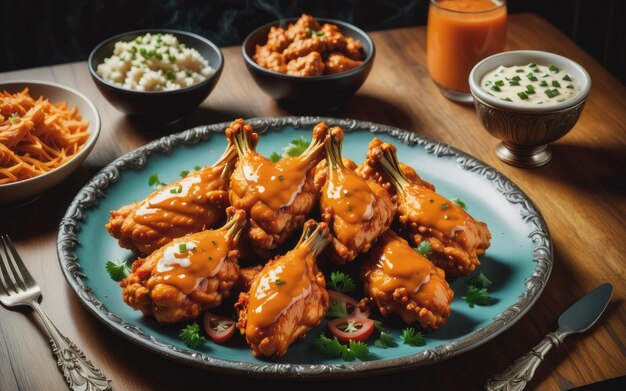 Frescura y especias en un plato de alitas de pollo búfalo para el almuerzo