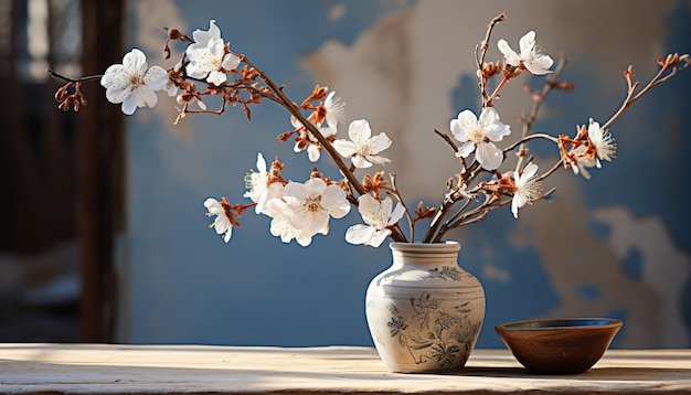 Frescura de las flores primaverales en una decoración rústica de mesa de madera generada por inteligencia artificial