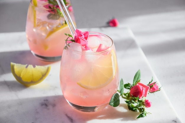 Frescura limonada rosa con guarnición de ginebra rosa limón en sombra soleada