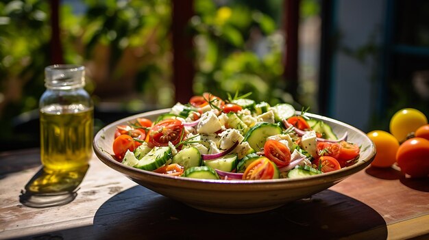 Frescura mediterrânea Salada grega no brilho do sol de verão