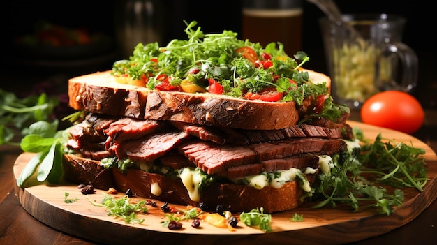 Frescura en una mesa de madera sándwich de ternera a la parrilla ensalada saludable