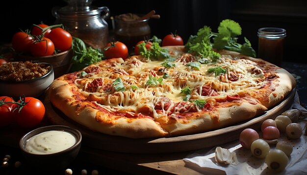 Frescura en una mesa rústica pizza casera con mozzarella y verduras generada por inteligencia artificial