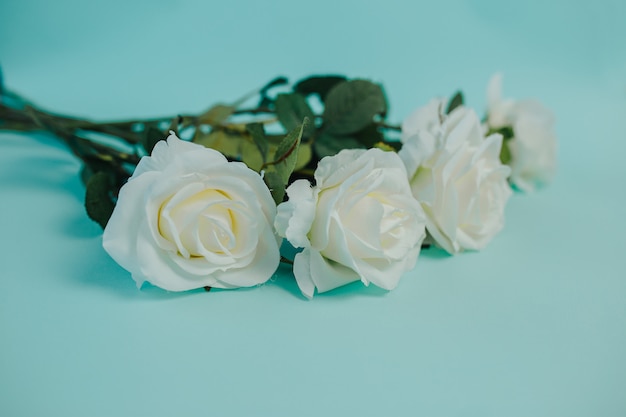 Frescura de primavera. Rosas blancas con hojas verdes. Ramo de hermosas rosas blancas con tallo largo.