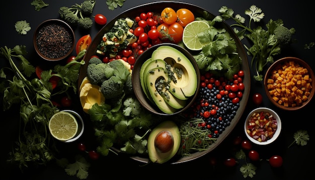 Foto frescura y variedad en una mesa de madera alimentación saludable ensalada orgánica generada por inteligencia artificial