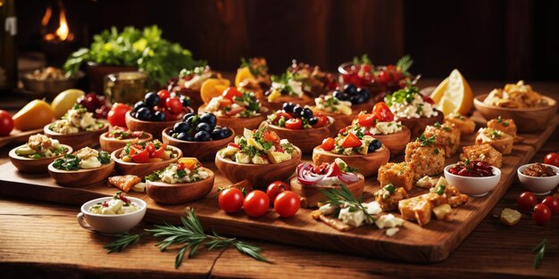 Frescura y variedad en una mesa de madera Aperitivos gourmet mediterráneos