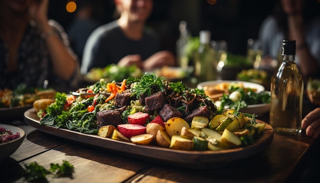 Foto frescura y variedad en un plato vegetariano gourmet generado por inteligencia artificial