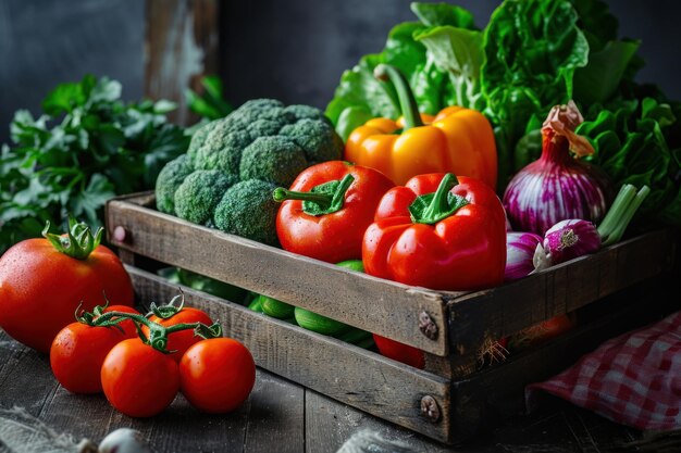 Frescura de las verduras orgánicas en una generativa rústica de madera Ai